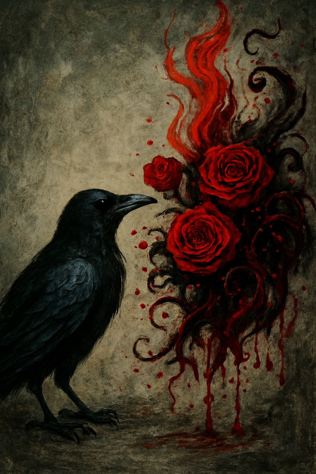 A robot paused mid-chaos as a raven taps his head.